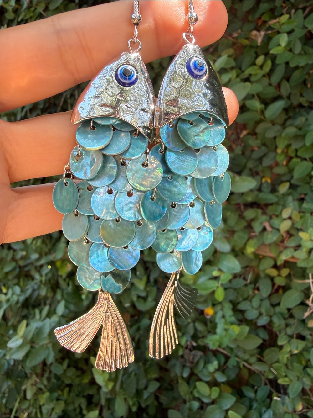 Iridescent Teal Shell Fish Dangle Earrings
